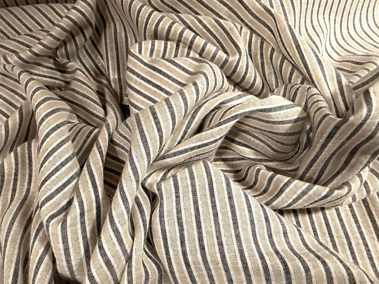 Cotton woven fabric with lurex, per metre - stripe - beige grey & silver