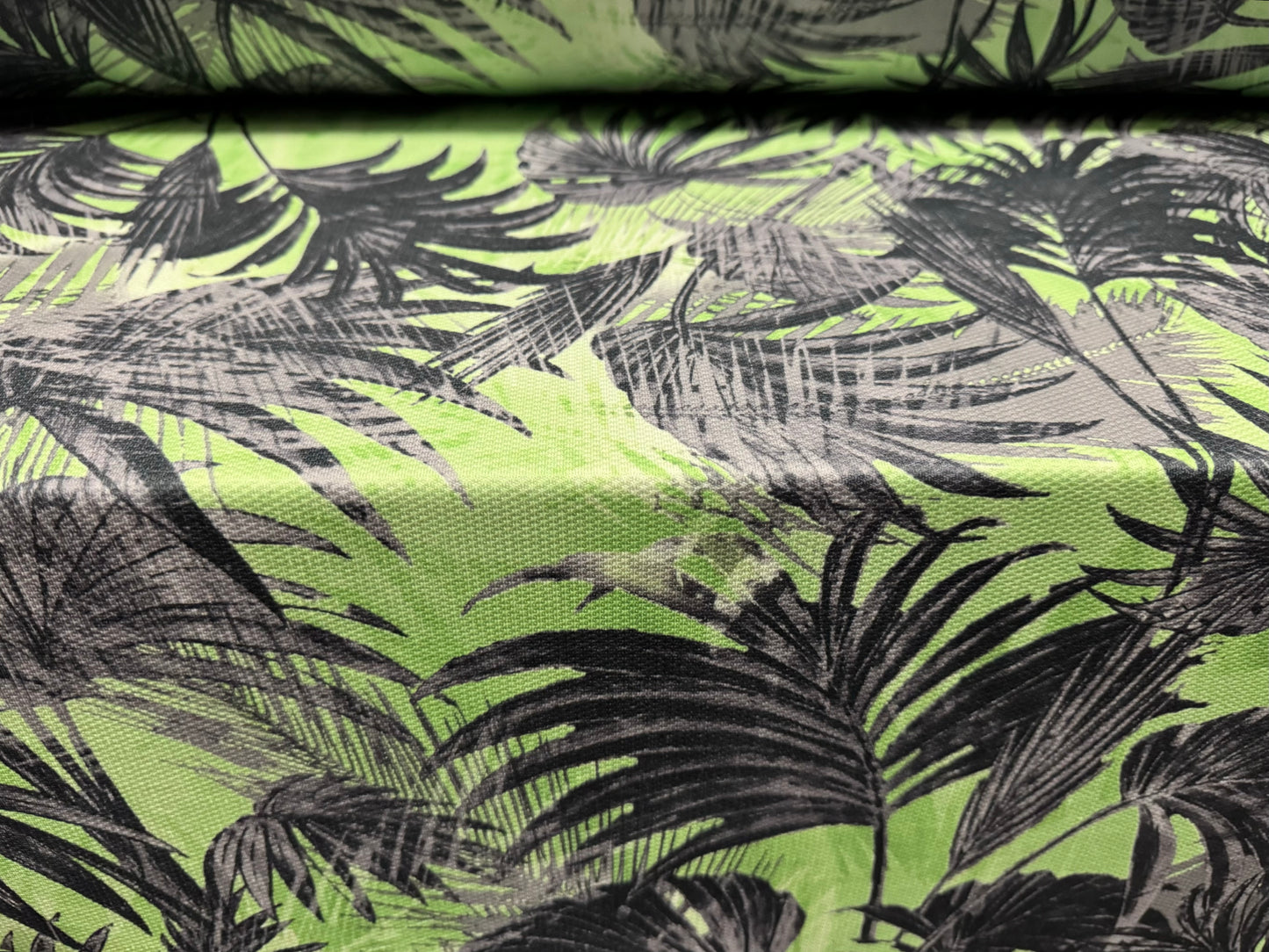 Stretch double jersey piqué fabric, per metre - Palm Tree Fronds print - green & grey