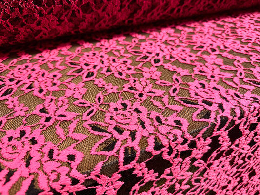 Embroidered stretch lace fabric with scalloped selvedge, per metre - floral - fluorescent pink