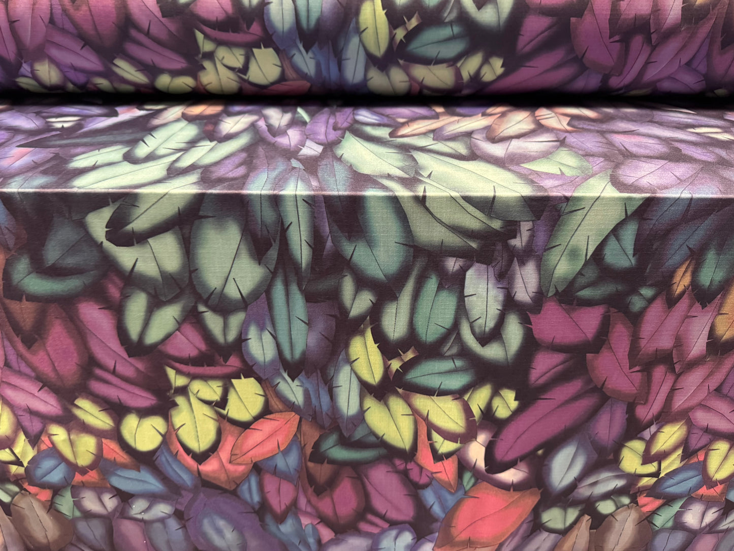 Soft touch stretch spandex single jersey fabric, per metre - stylised leaves print - multicolour