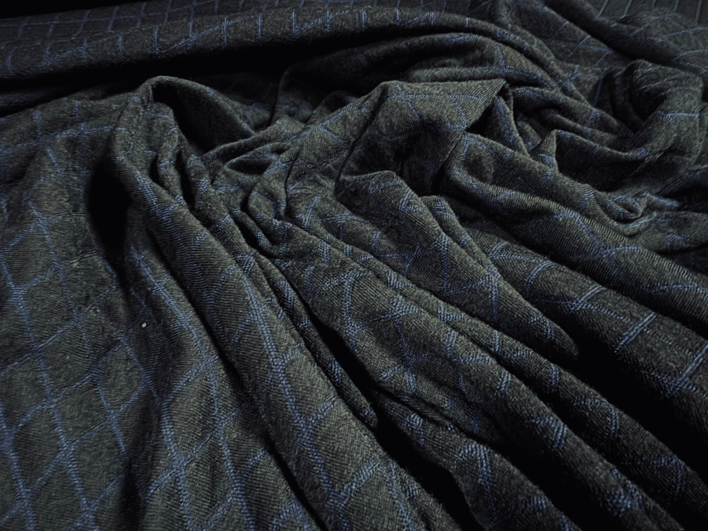 Stretch double jersey fabric, per metre - diamond mock quilted - black & blue