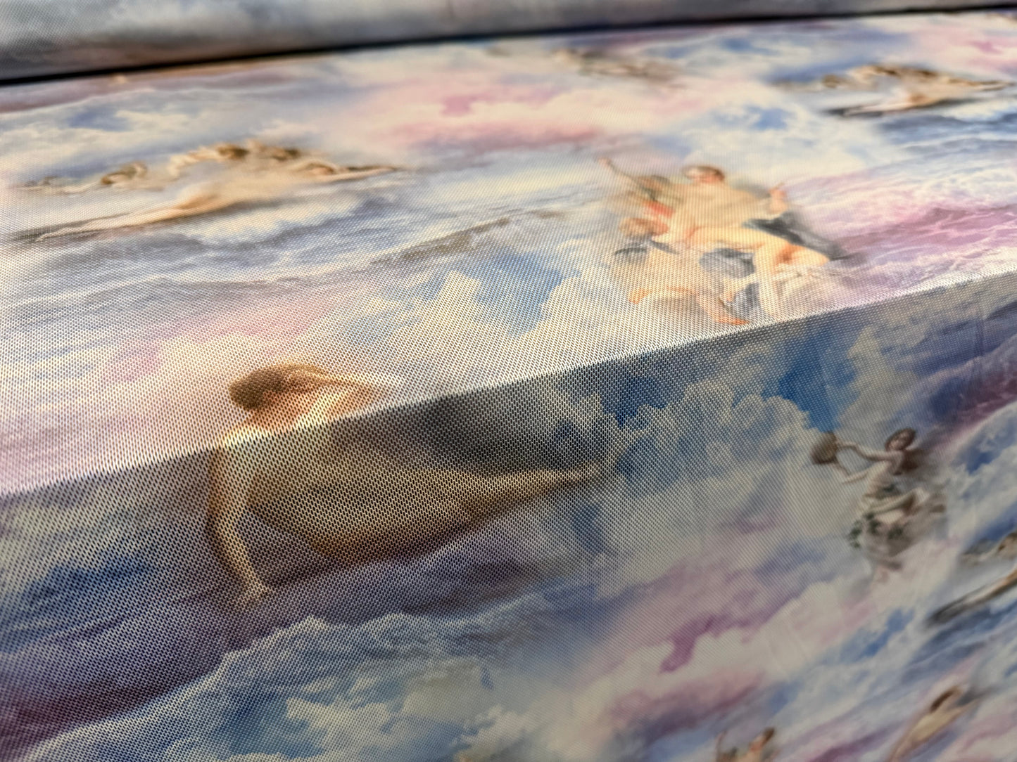 Power mesh net stretch spandex fabric, per metre - Heavenly Angels print - blue & lilac