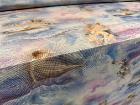 Power mesh net stretch spandex fabric, per metre - Heavenly Angels print - blue & lilac