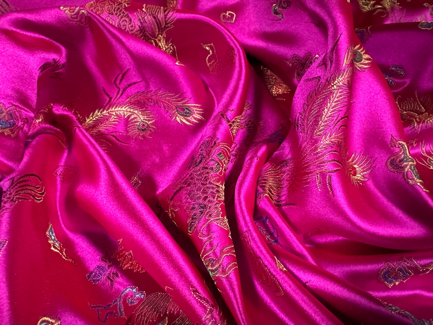 Satin brocade fabric, per metre - Oriental Dragons design - cerise pink & gold
