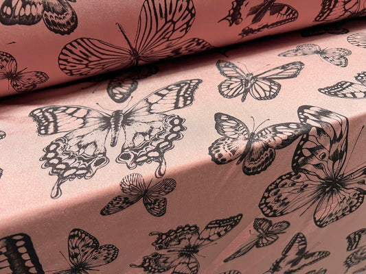 Swimwear stretch spandex jersey fabric, per metre - butterflies print - dusky pink