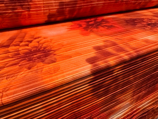 Stretch plissé pleated dress fabric, per metre - flower print - orange
