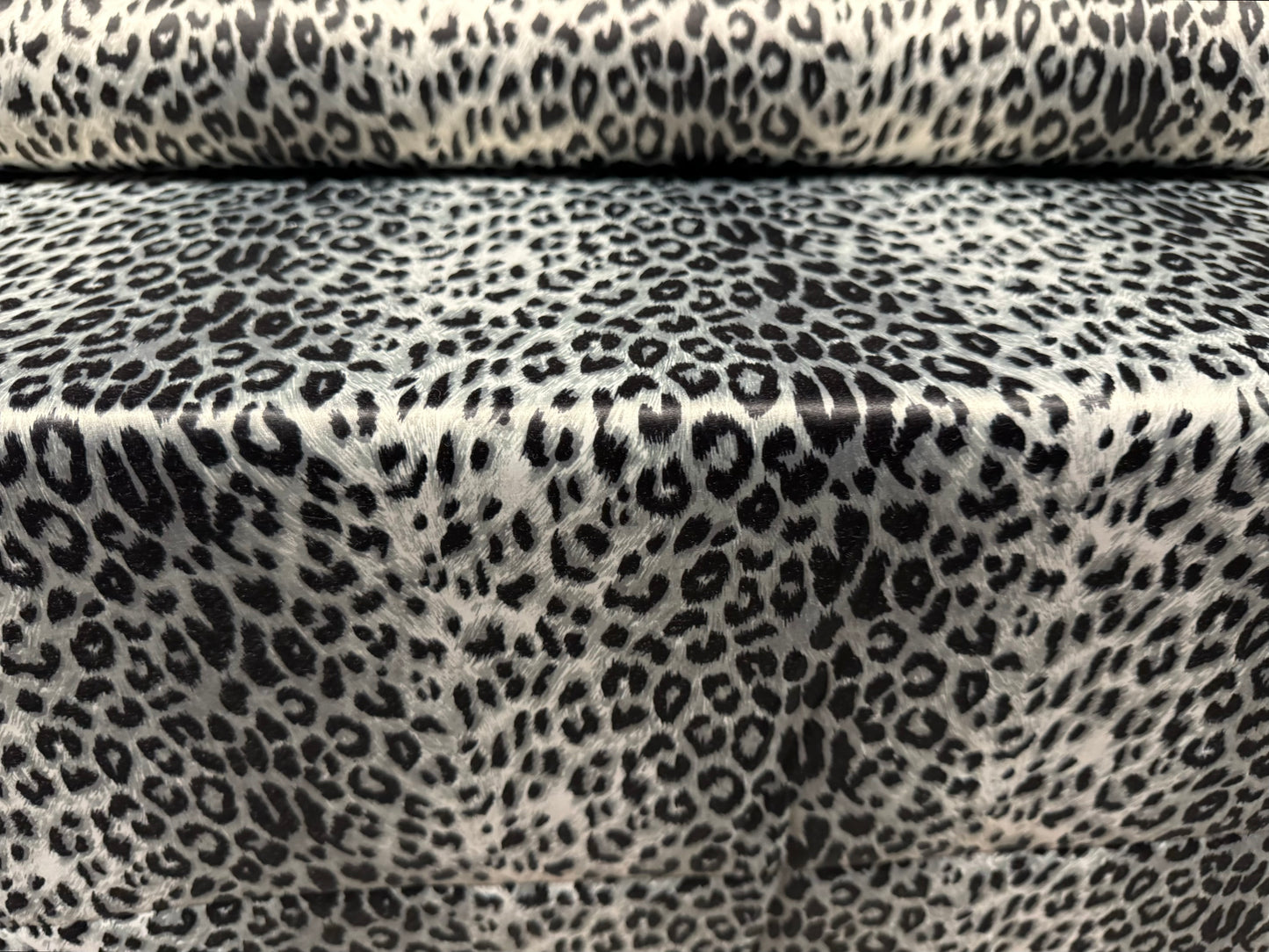 Cotton blend woven stretch sateen fabric, per metre - leopard print - silver grey