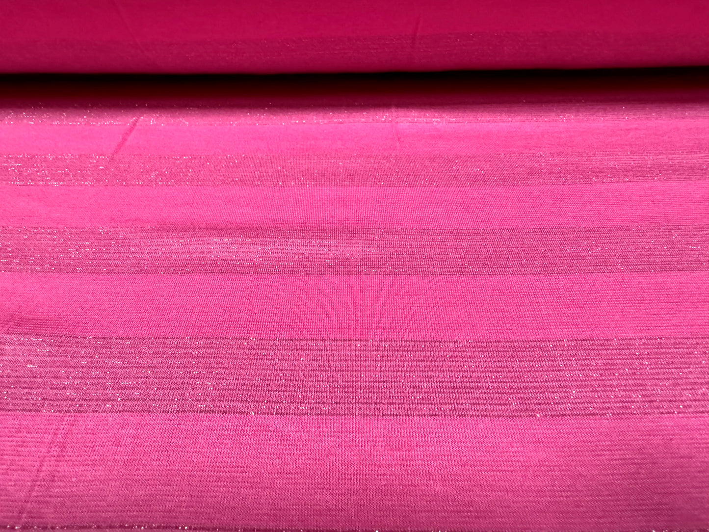 Metallic viscose spandex stretch single jersey fabric, per metre - stripe - cerise pink & silver lurex