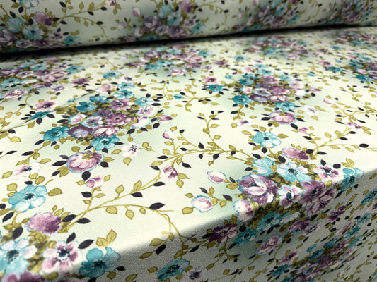 Scuba crepe stretch spandex double jersey fabric, per metre - floral print - mint & violet
