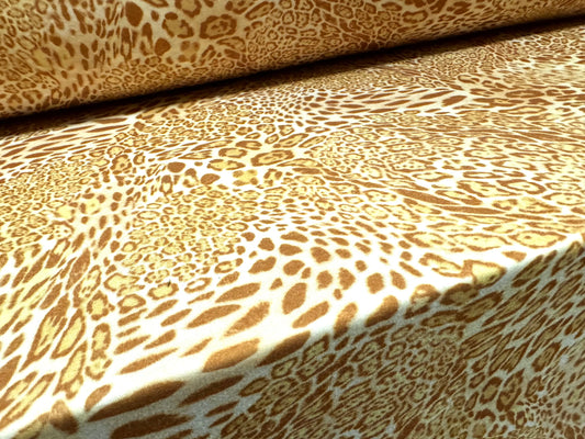 Stretch spandex interlock jersey fabric, per metre - stylised leopard animal print - gold & cream