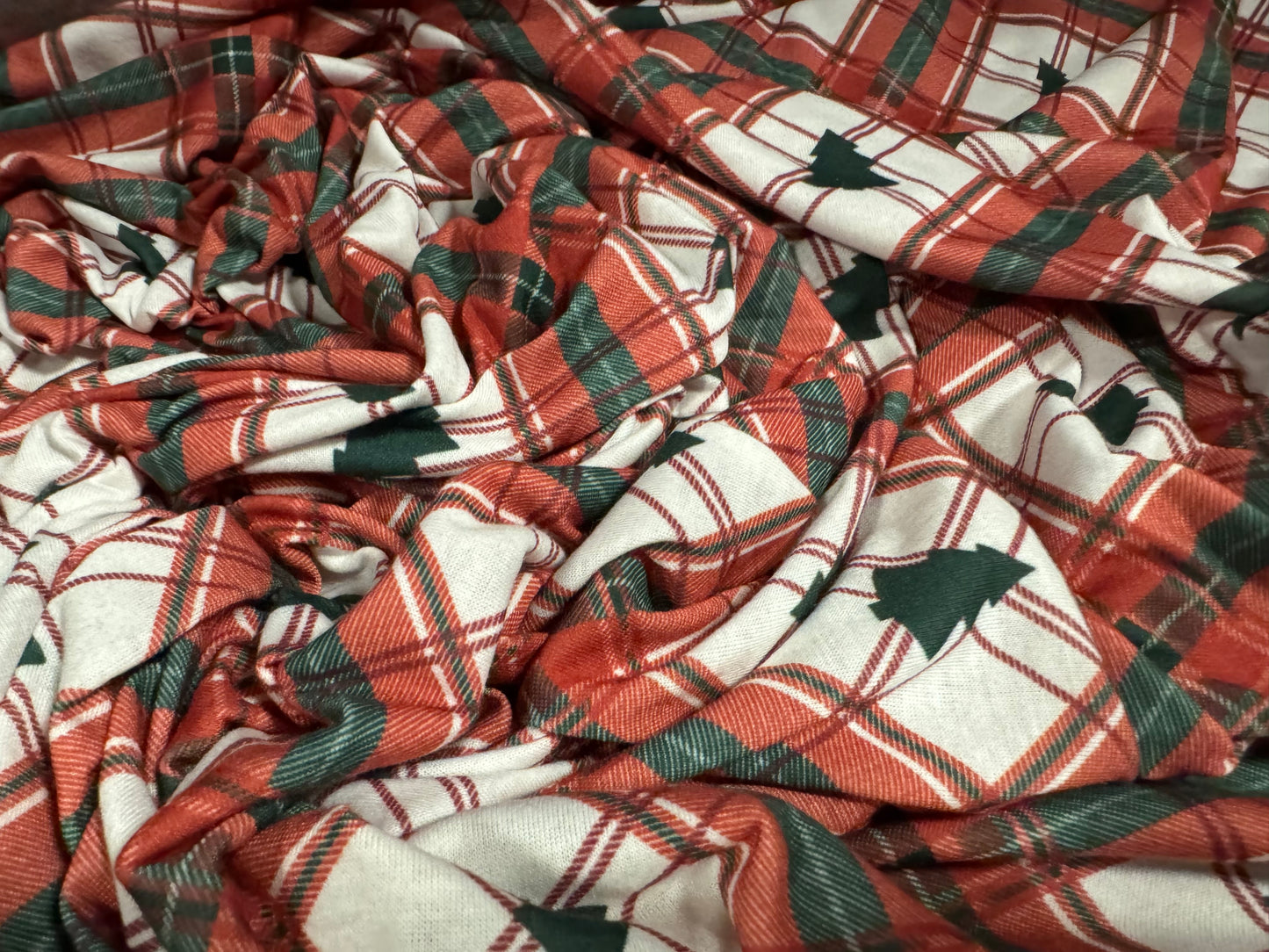 Soft handle stretch single jersey fabric, per metre - Christmas Trees print - red white & green