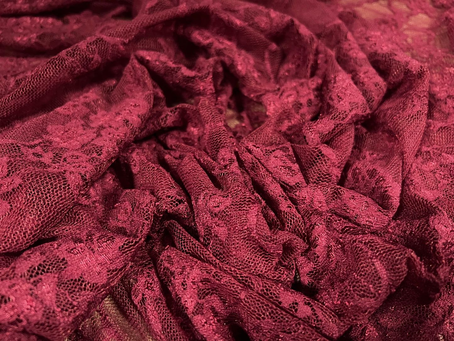 Stretch spandex mesh lace net fabric, per metre - floral - redcurrant