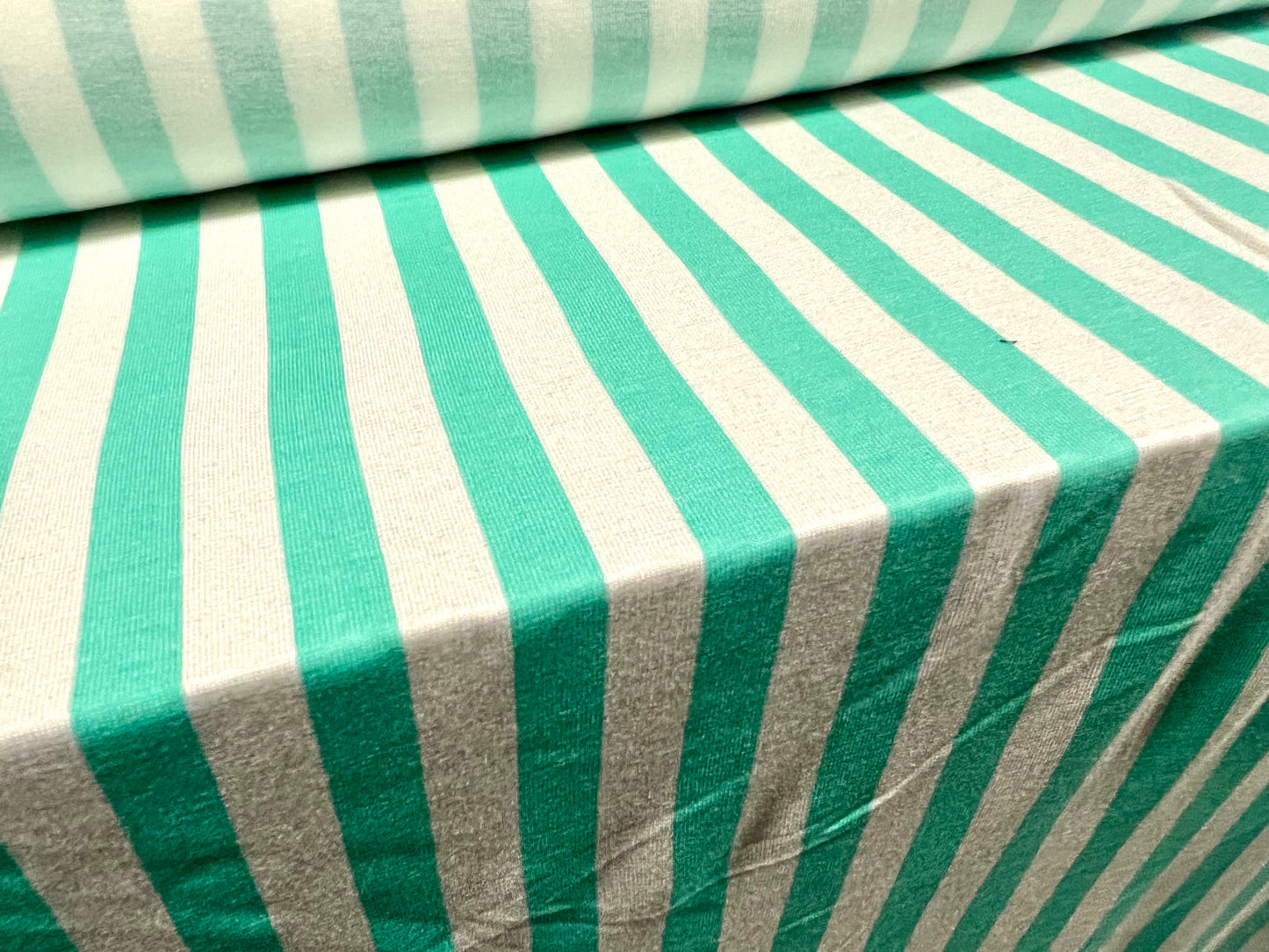 Viscose spandex stretch single jersey fabric, per metre - stripe - menthol & white