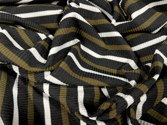 Stretch Spandex rib jersey fabric, per metre - stripe - black, white & khaki