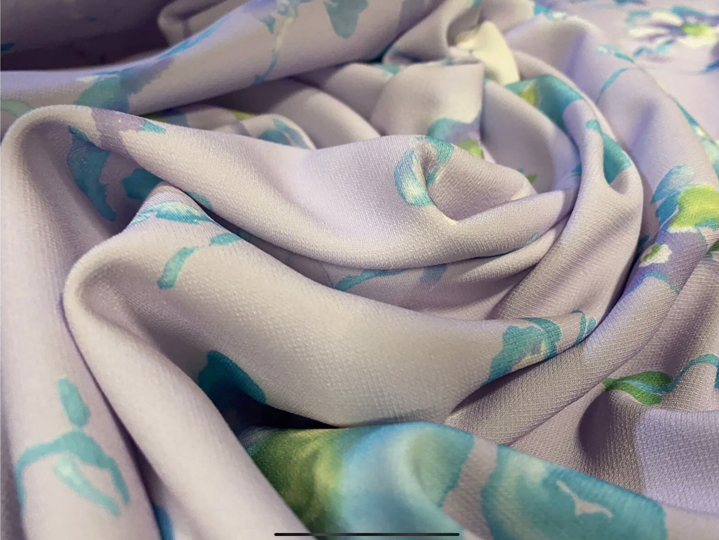 Stretch crepe woven dress fabric, per metre - floral print - lilac & turquoise