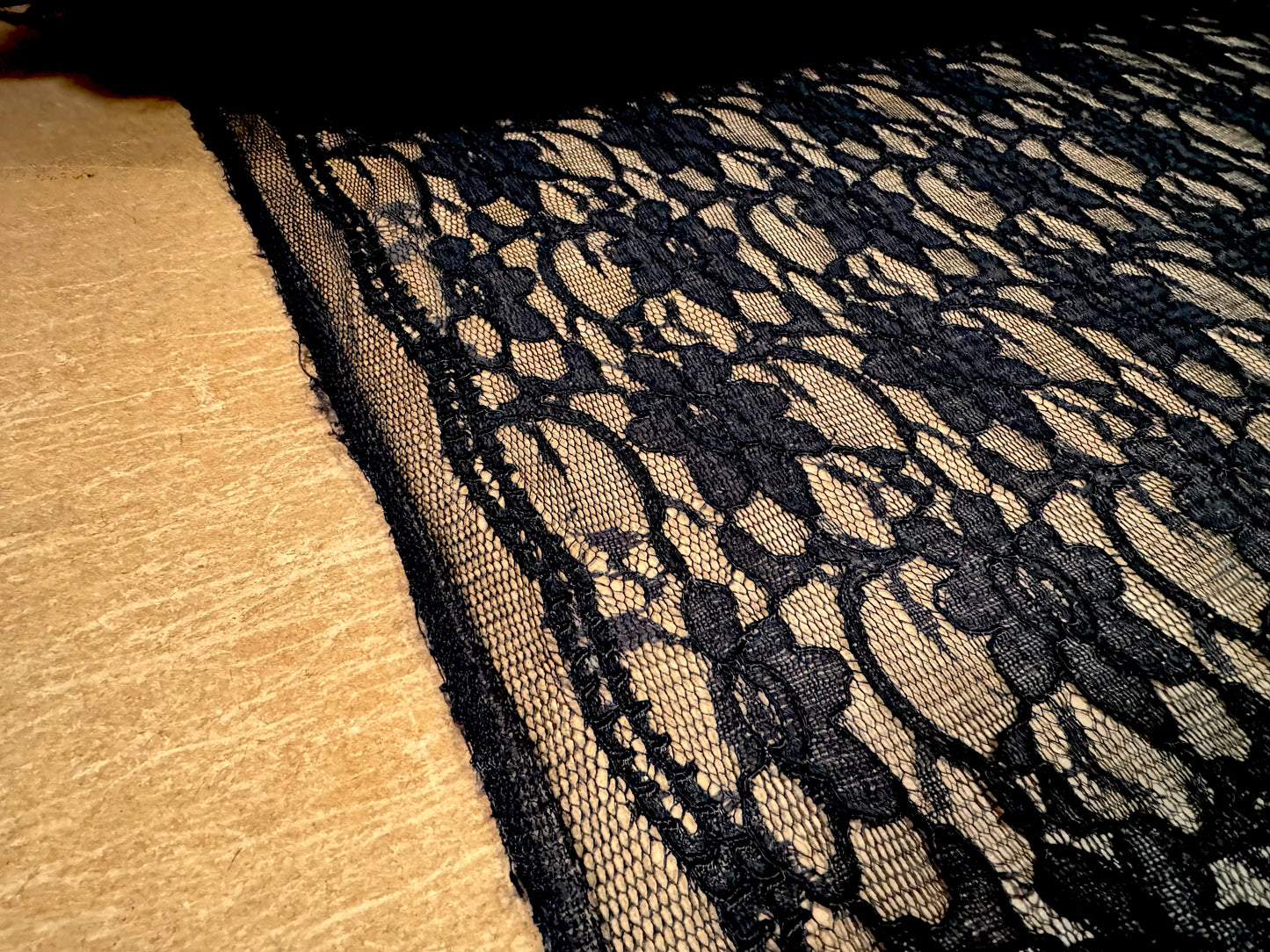 Corded Alencon lace dress fabric with decorative selvedge, per metre - flower pattern - black