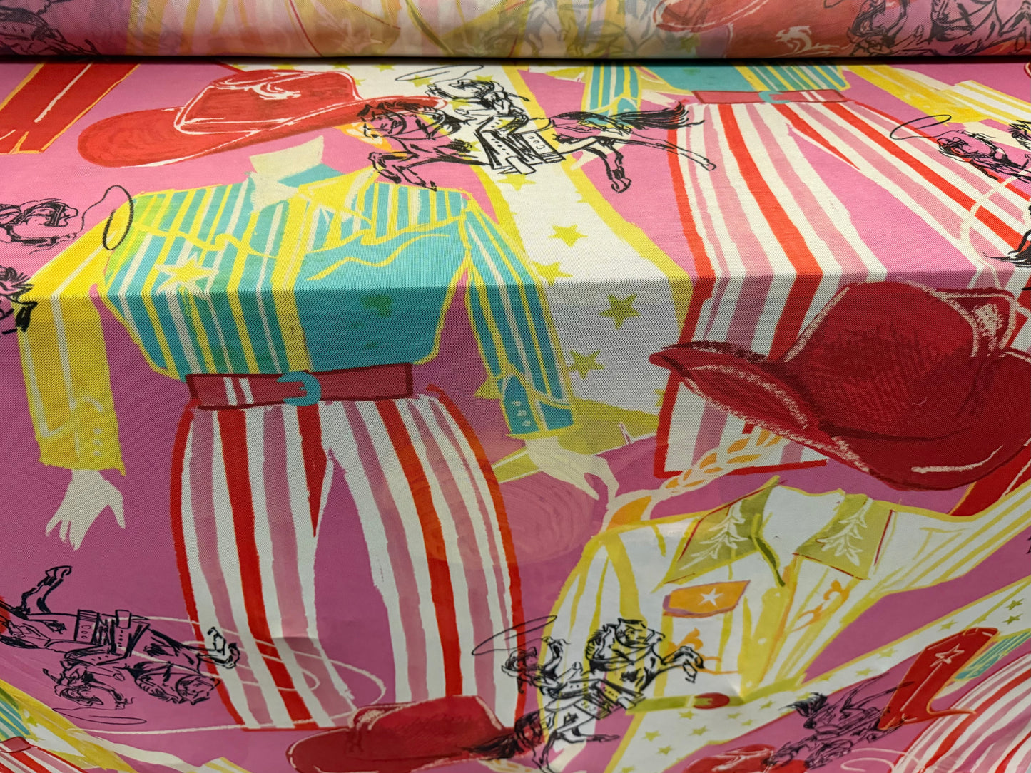 Power mesh net stretch spandex fabric, per metre - cowgirl rodeo print - multicolour