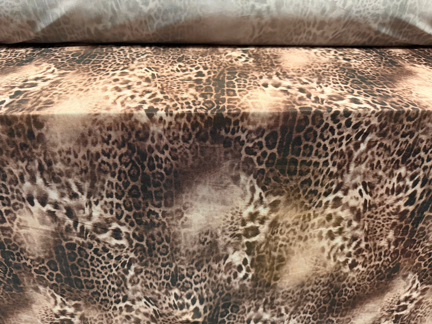 Power mesh net stretch spandex fabric, per metre - leopard animal print - taupe