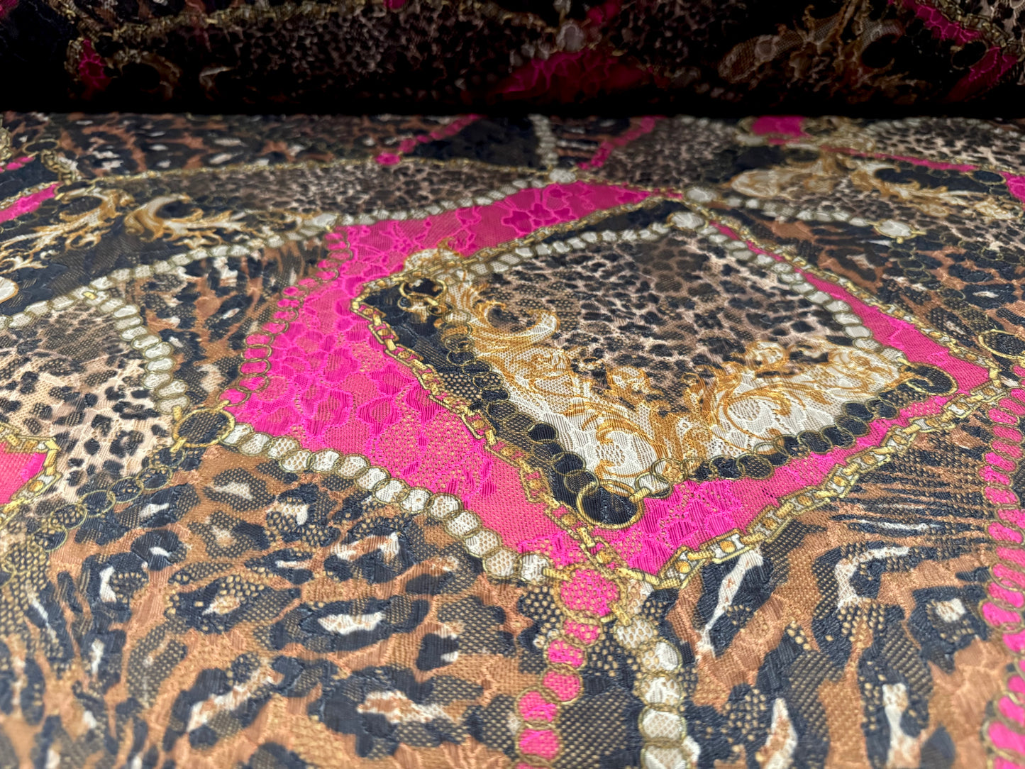 Stretch spandex lace fabric, per metre - leopard & chains print - black gold & pink