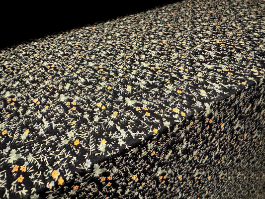 Viscose spandex stretch single jersey fabric, per metre - small ditsy flower print - black sage & orange