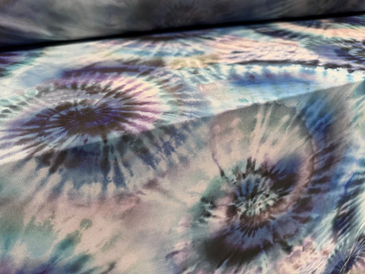 Power mesh net stretch spandex fabric, per metre - tie dye swirl print - turquoise blue & jade