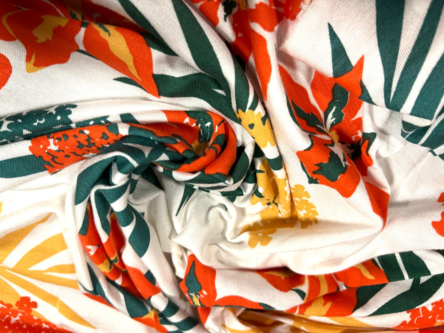 Viscose spandex stretch jersey fabric, per metre - Hawaiian tropical flower print - ivory green & orange