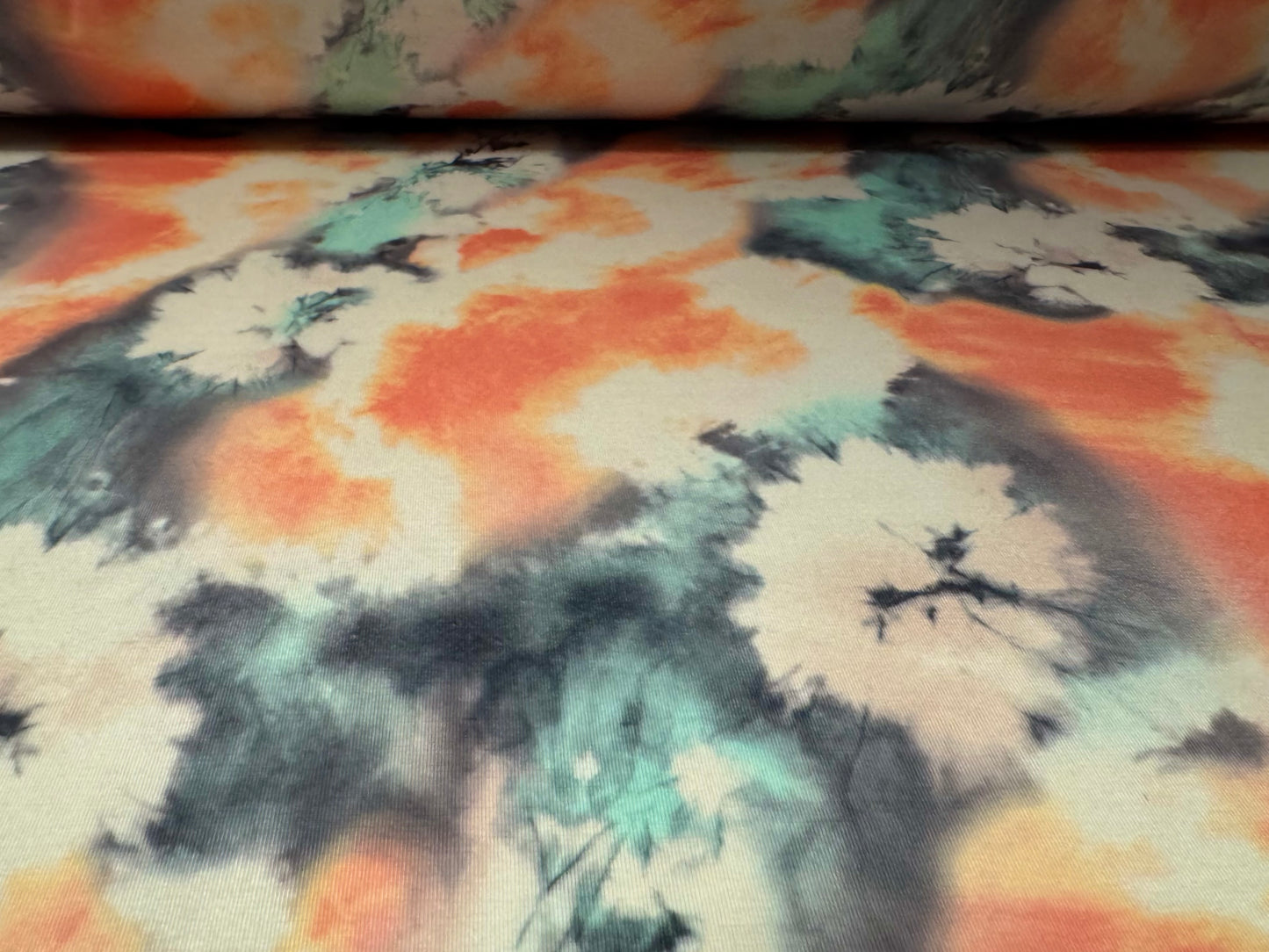 Stretch spandex interlock jersey fabric, per metre - watercolour floral print - peach & aqua