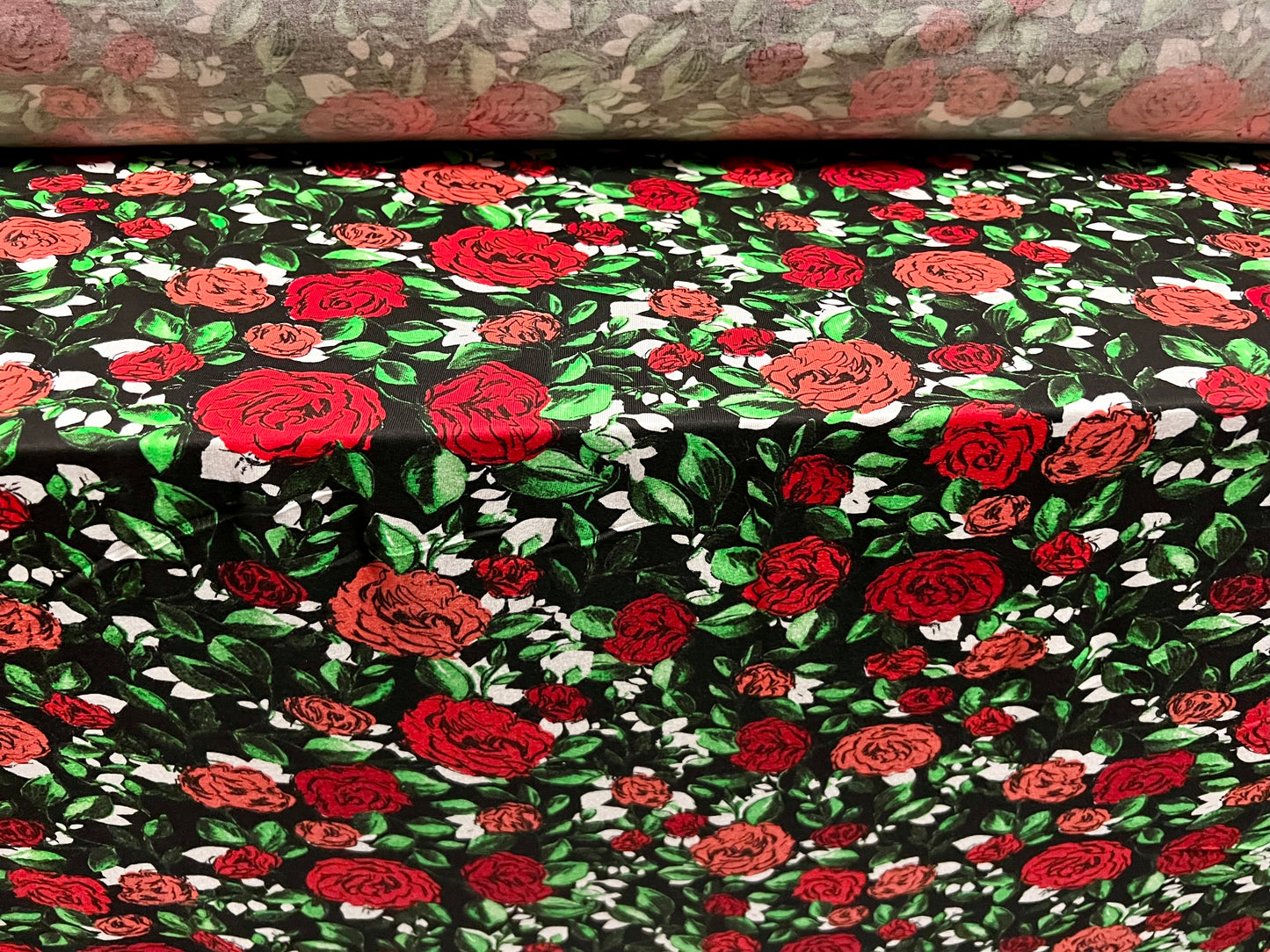 Viscose spandex stretch single jersey fabric, per metre - rose flower print - black red & green