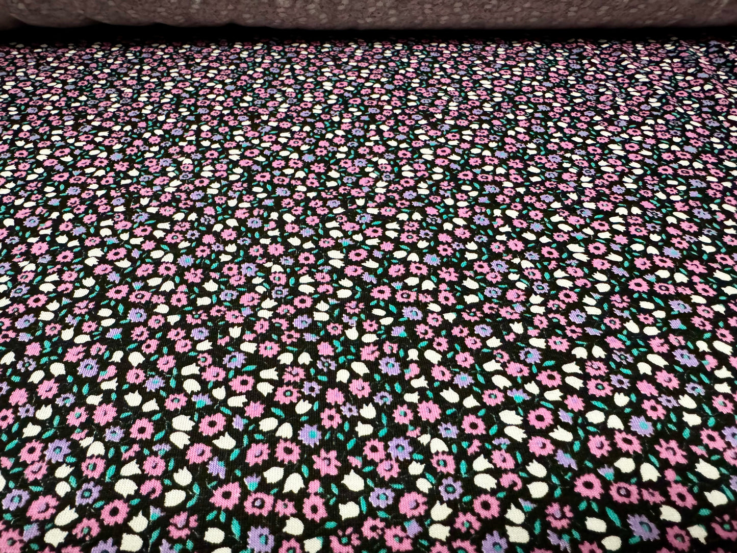 Viscose spandex stretch single jersey fabric, per metre - small flower ditsy print - black pink & lilac