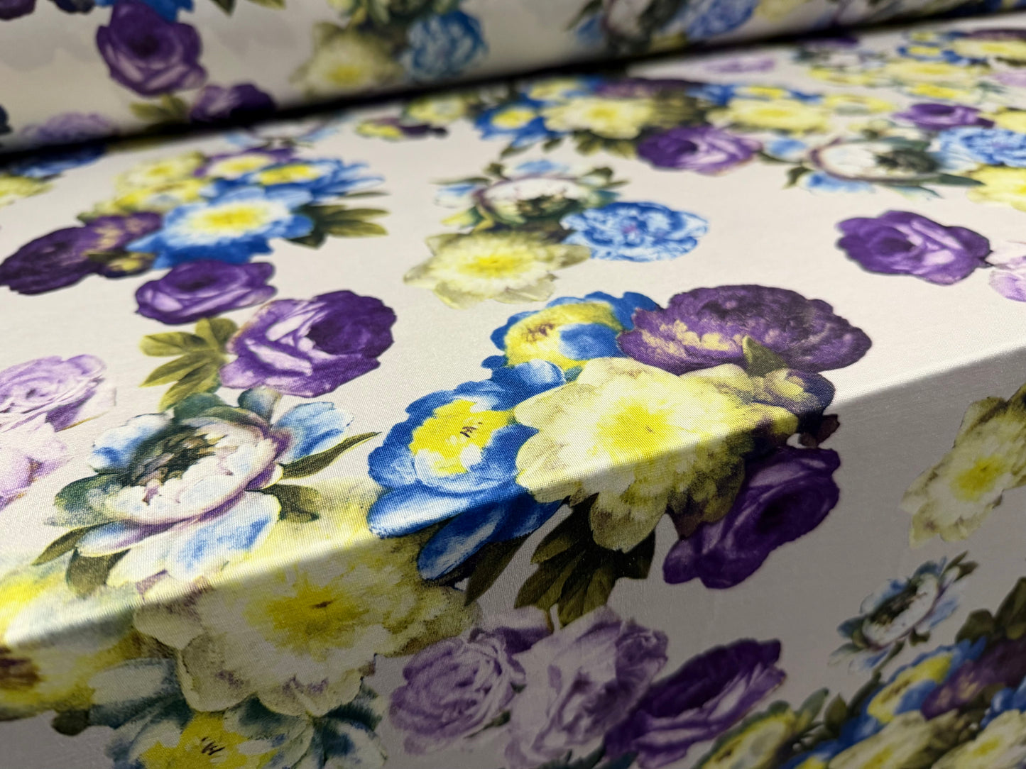 Soft touch stretch spandex single jersey fabric, per metre - rose print - purple & blue