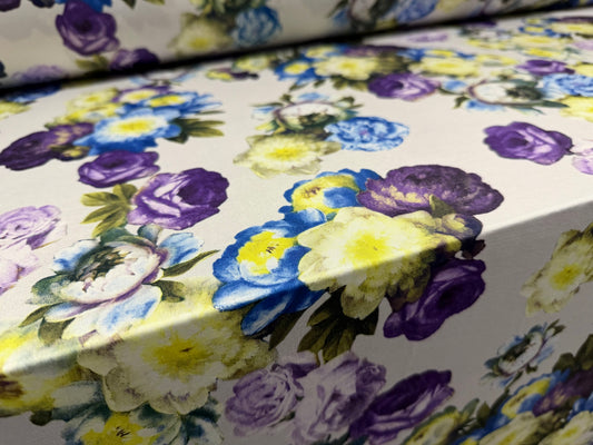 Soft touch stretch spandex single jersey fabric, per metre - rose print - purple & blue