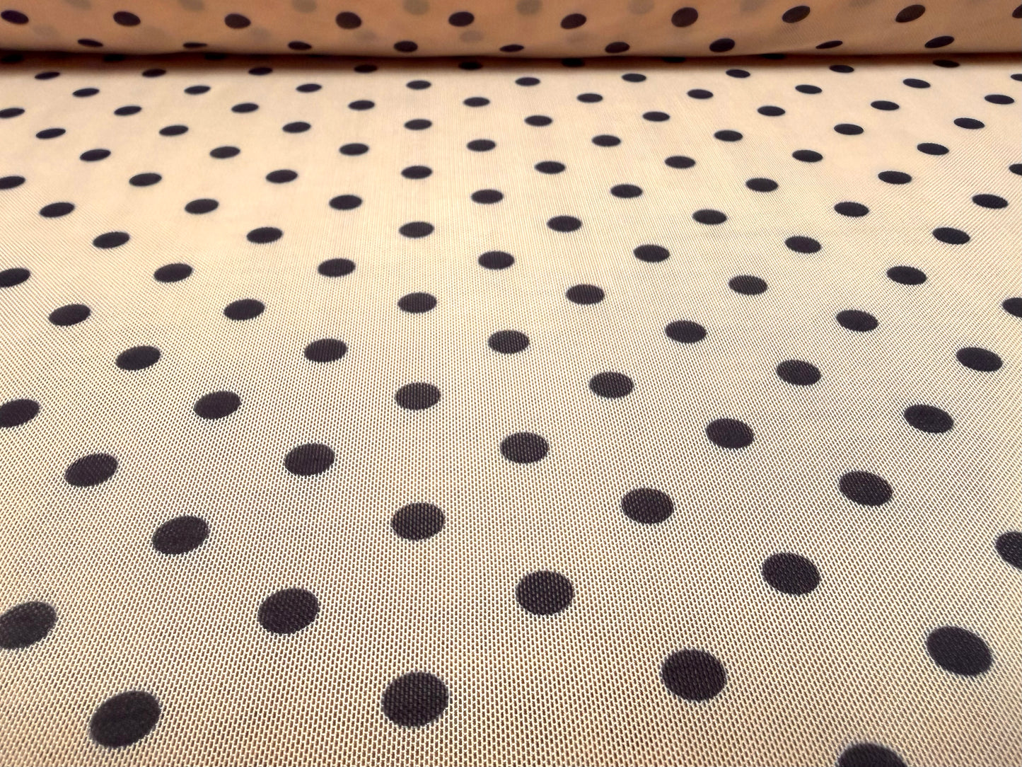 Power mesh net stretch spandex fabric, per metre - polka dot print - pink & indigo