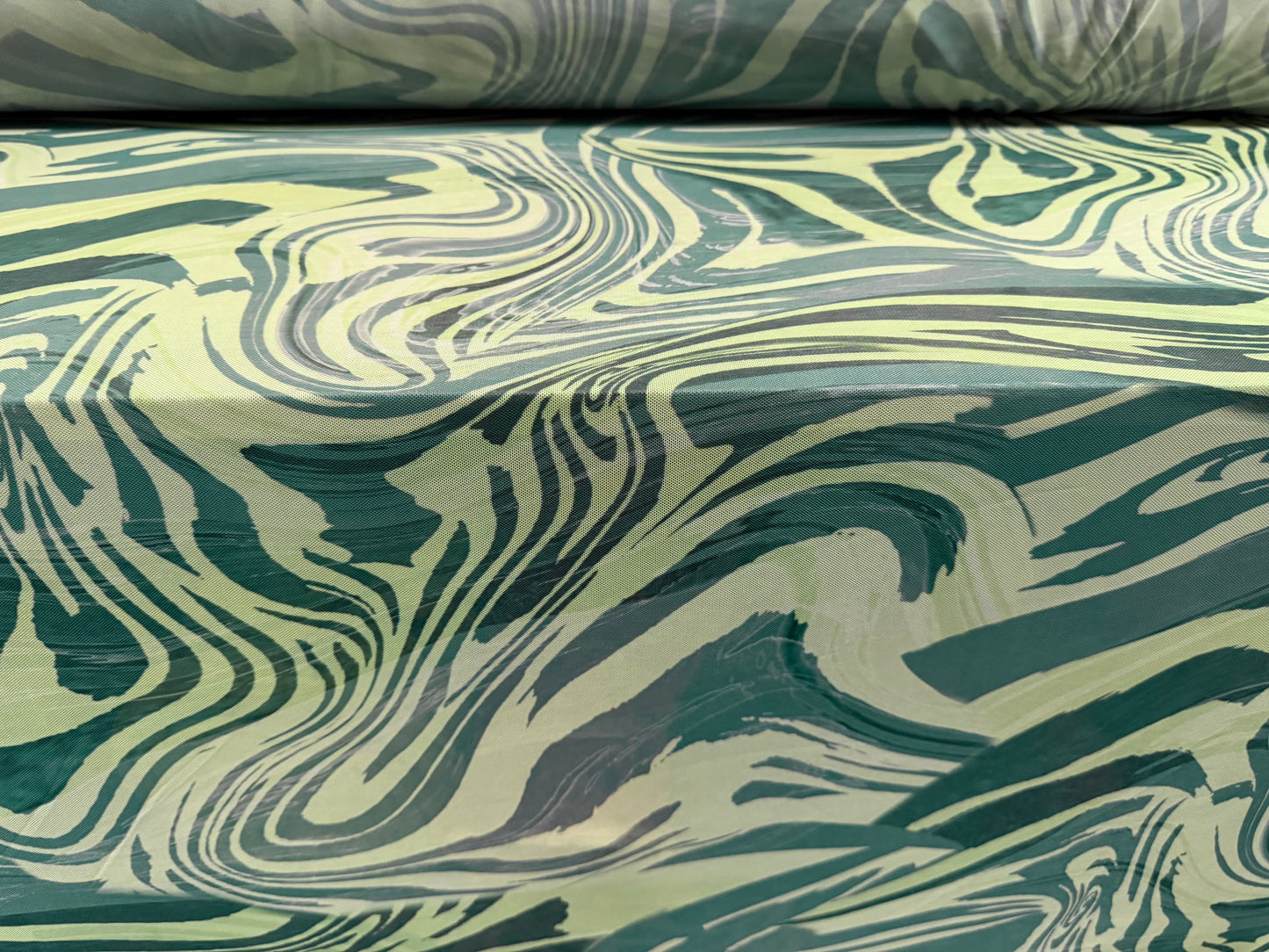 Power mesh net stretch spandex fabric, per metre - swirl print - olive & sage green