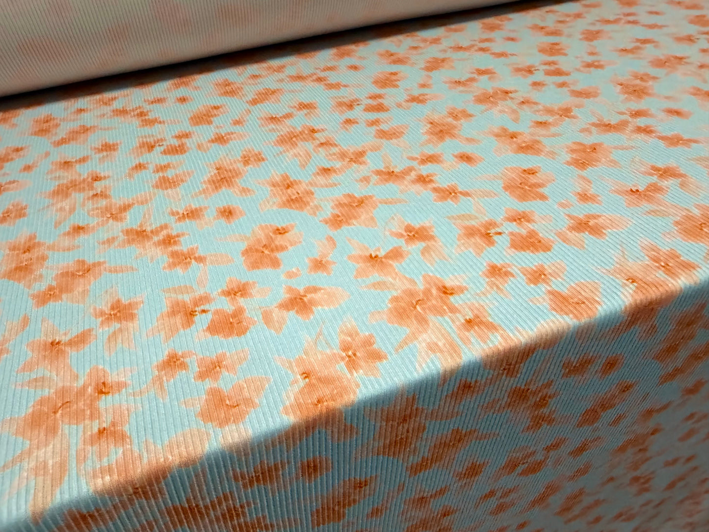 Stretch spandex ribbed jersey fabric, per metre - floral print - sky blue & peach