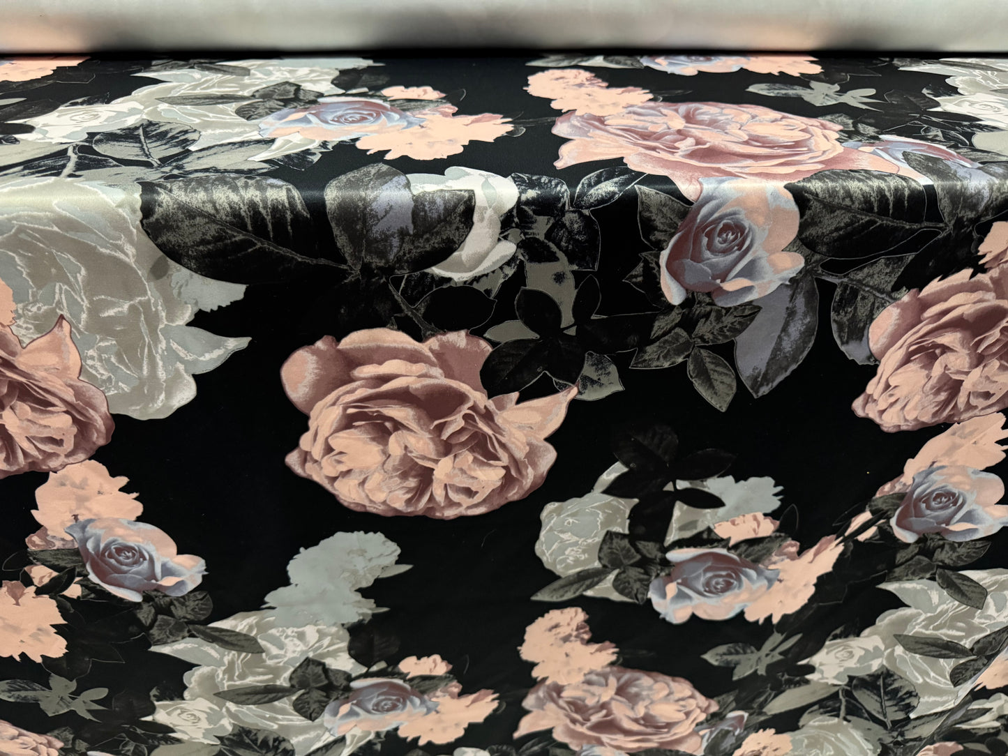 Scuba stretch spandex double jersey dress fabric, per metre - roses floral digital print - black pink & grey