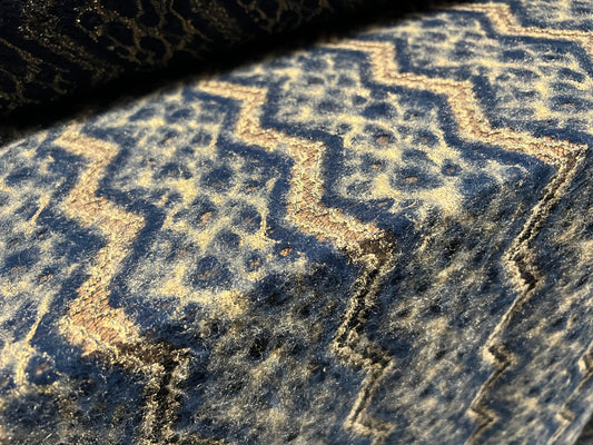 Couture stretch brushed jersey fabric, per metre - animal print - navy blue & gold