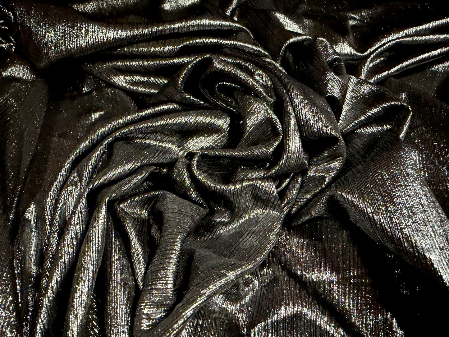 Metallic lamé stretch spandex ribbed jersey fabric, per metre - plain - black & silver