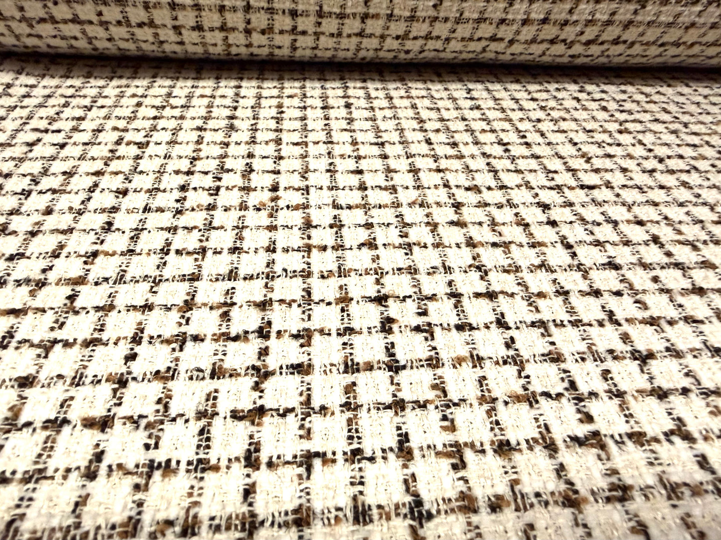 Wool bouclé fabric, per metre - grid check - brown & cream