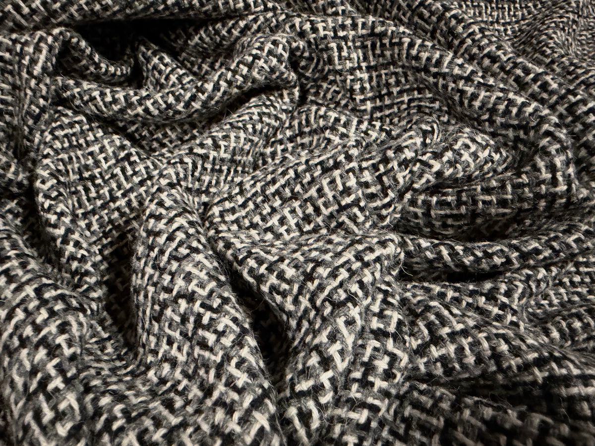 Wool bouclé fabric, per metre - geometric maze design - black & grey