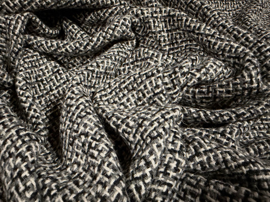 Wool bouclé fabric, per metre - geometric maze design - black & grey
