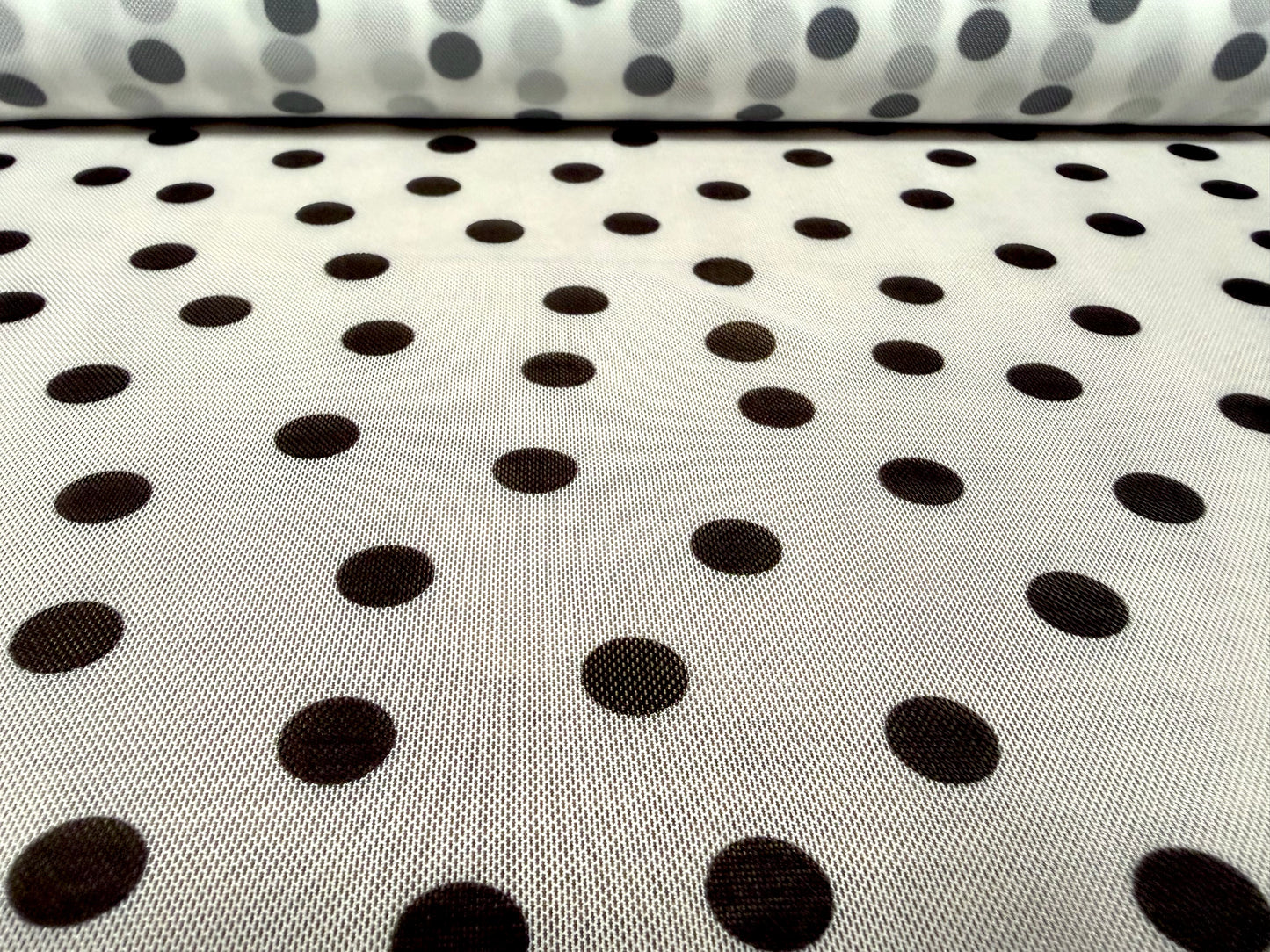 Power mesh net stretch spandex fabric, per metre - polka dot print - white & black