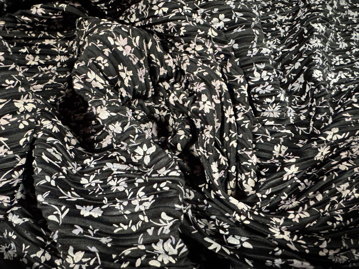 Plissé pleated satin dress fabric, per metre - ditsy flower print - black & white