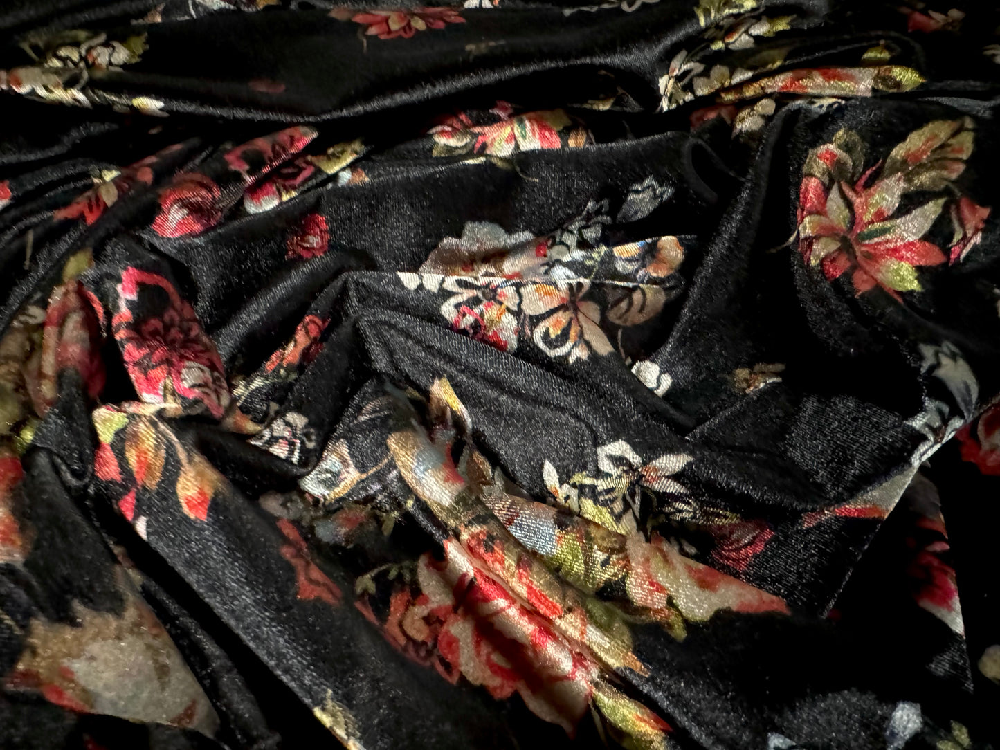 Spandex velvet stretch dress fabric, per mere - floral bouquet print - black with multicolour flowers