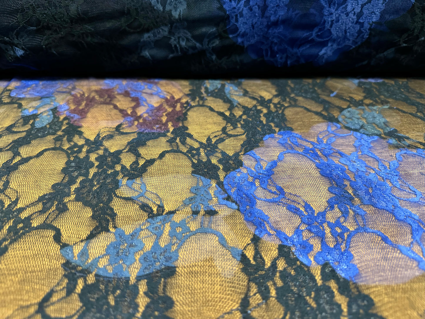 Stretch spandex mesh lace fabric, per metre - large flower print - navy, royal blue & purple