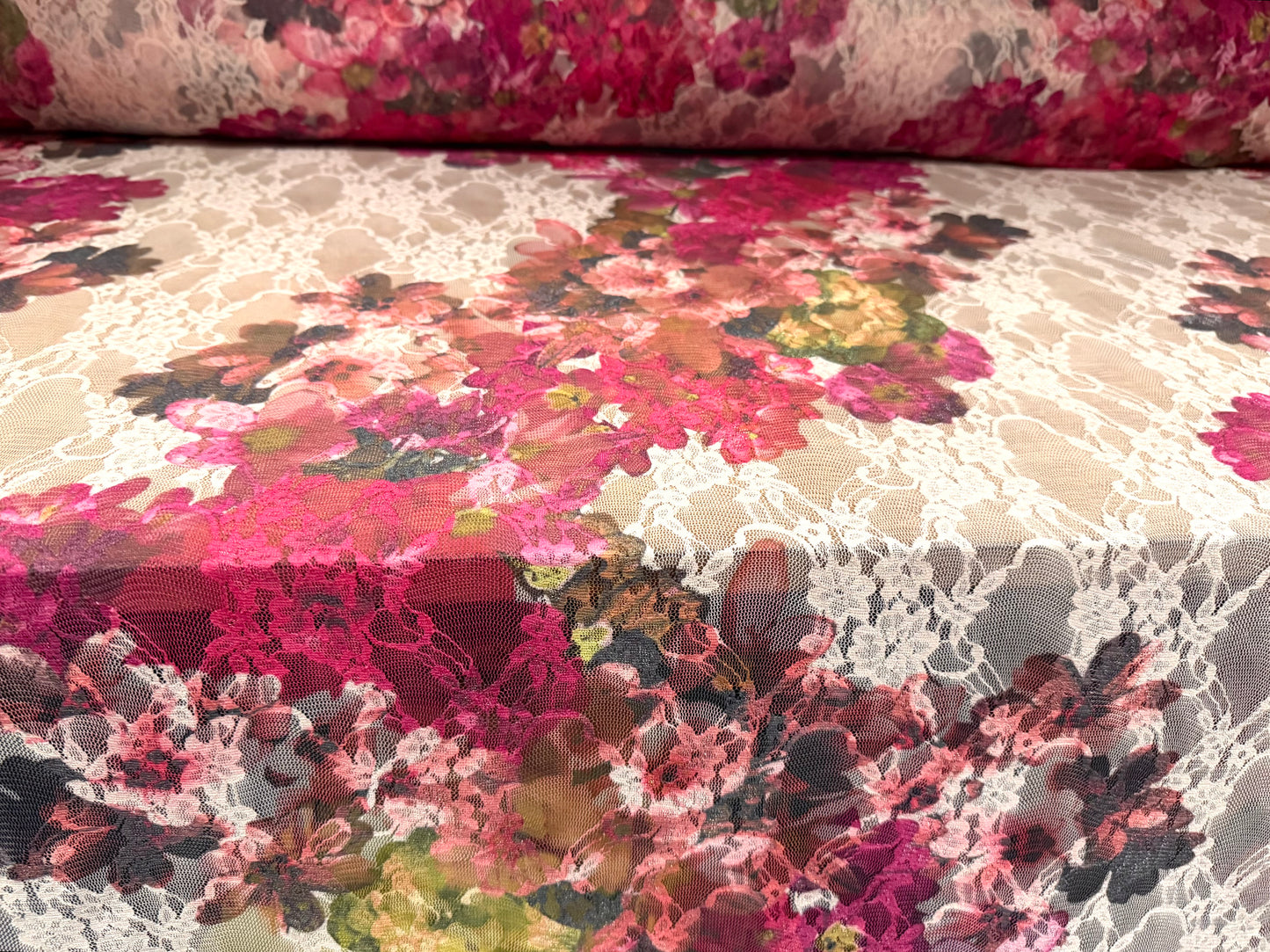 Stretch spandex mesh lace fabric, per metre - floral print - blush & cerise pink