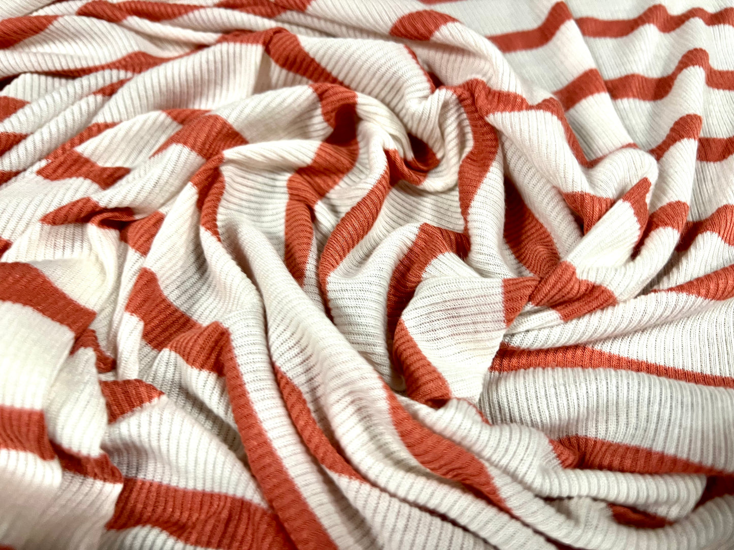 Soft stretch spandex ribbed jersey fabric, per metre - stripe - coral & ivory