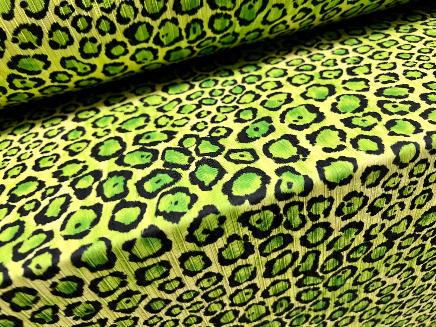 Stretch spandex rib jersey fabric, per metre - cheetah animal print - bright green