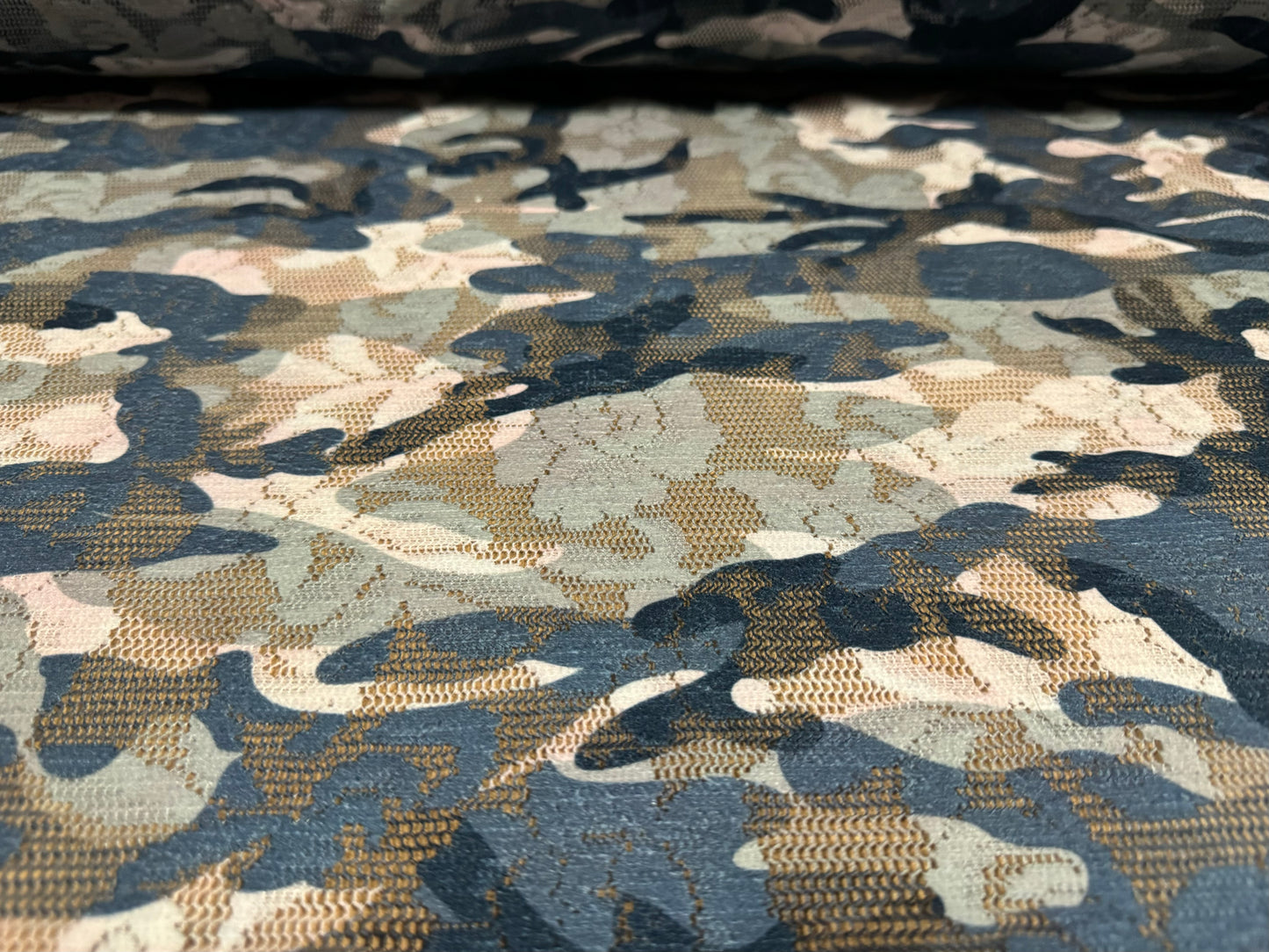 Lace mesh dress fabric, per metre - camouflage print - blue sage & ivory