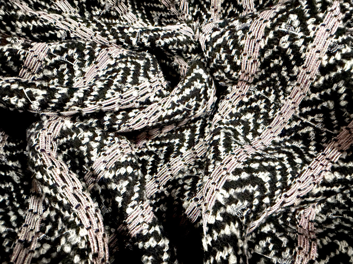 Heavyweight wool bouclé fabric, per metre - herringbone - black & white with pink metallic stripe