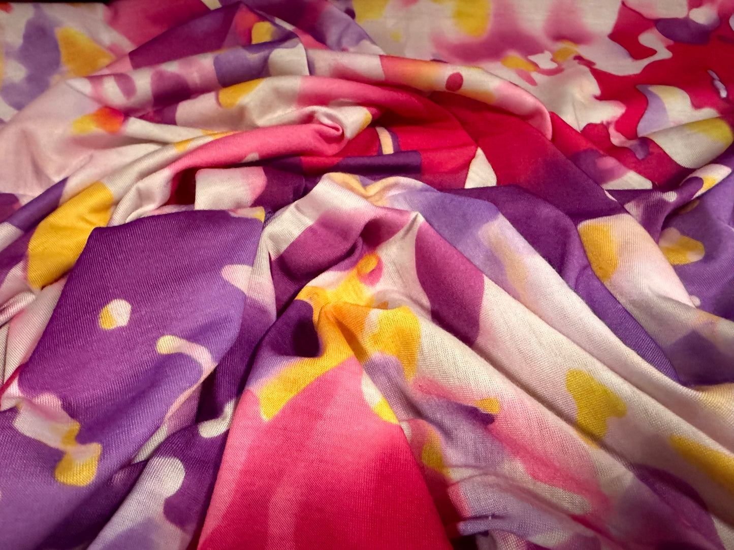 Soft handle single jersey fabric, per metre - inkwash petals print - purple & pink